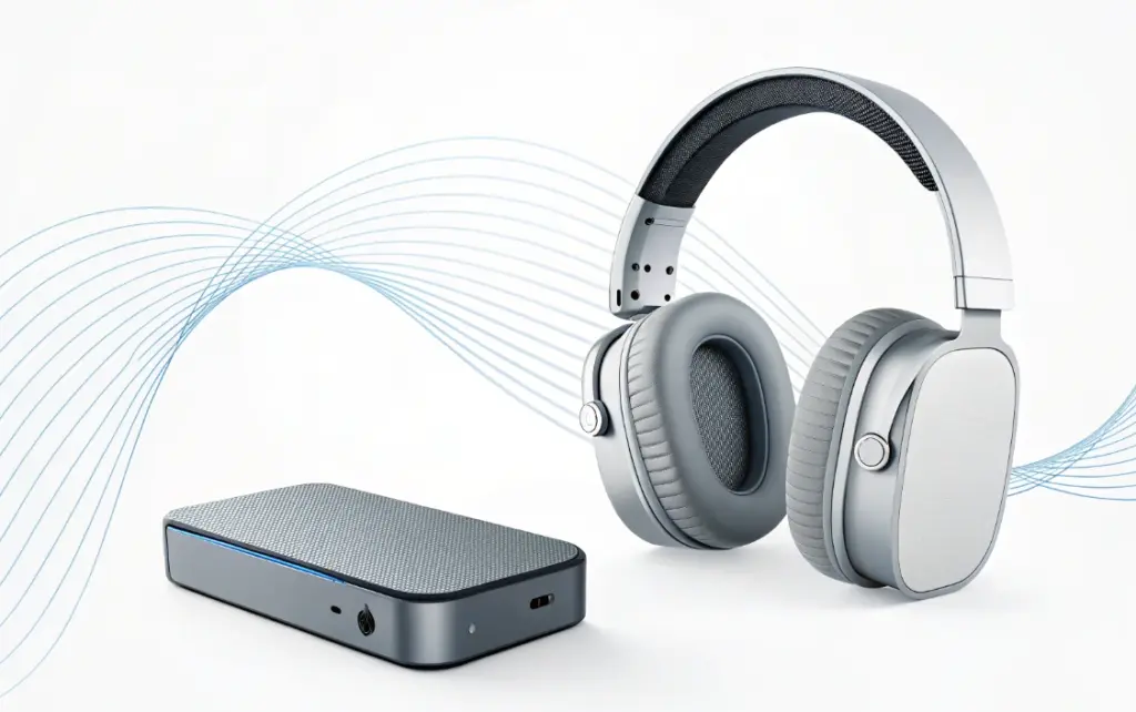 Sennheiser Momentum 5 headphones shown with a wireless audio transmitter and blue signal waves, illustrating possible Bluetooth 5.4 and LE Audio support for more stable connections and Auracast-style listening.
