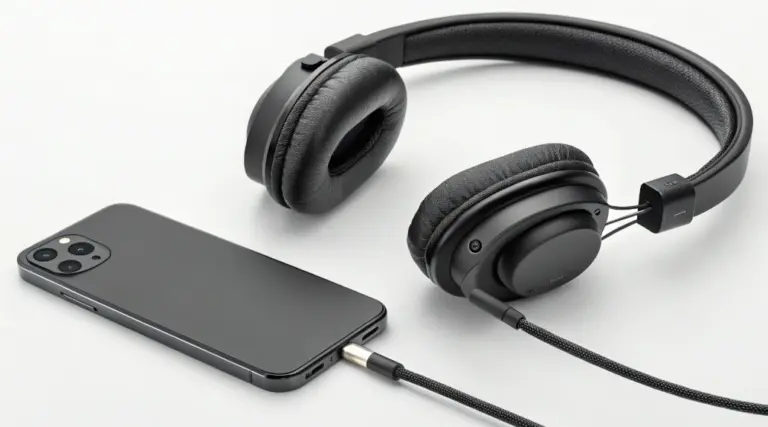 Wired over-ear headphones connected to an iPhone by USB-C, introducing the best wired headphones for iPhone 17 and how USB-C options can sound better than AirPods.