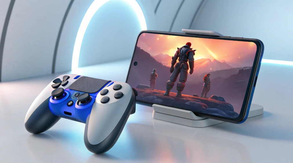Mobile gaming setup with a smartphone and controller, illustrating the Strauss & Wagner SI201 and EM8C as budget wired IEM picks for phone gaming, clean audio, and game chat.
