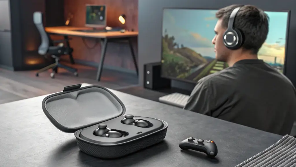 Gaming earbuds in a case beside a player using headphones at a PC, supporting a practical verdict on the best IEMs for gaming based on positional cues, imaging, immersion, and budget limits.
