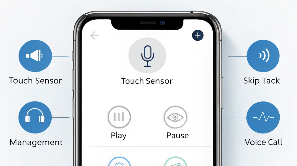 JBL Endurance Peak 3 touch sensor controls shown on a phone app screen, explaining how users can manage play, pause, calls, voice assistant, ANC modes, and track skipping.
