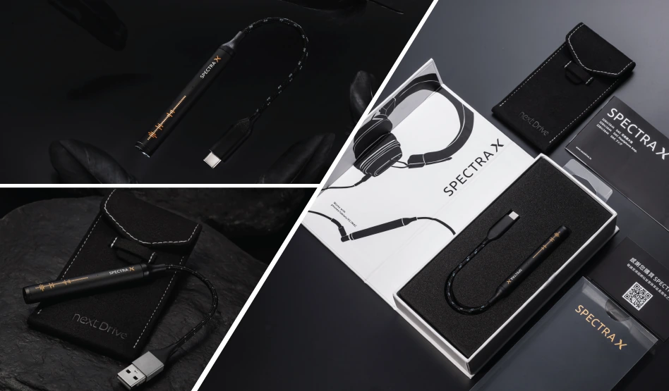 NextDrive Spectra X Privacy Policy page with product photos of the portable DAC, packaging, cable, and case, introducing how user data is collected and protected on the website.
