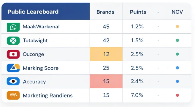 Public leaderboard table for subwoofer specs testing, showing brands, weighted category points, and marketing accuracy scores compared with Klippel measurements.
