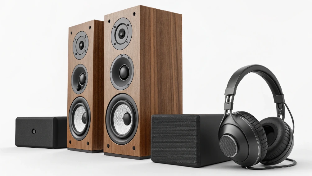 Meze Audio Alba audiophile headphones shown with speakers and audio gear, marking the $159 upgrade point where wired iPhone listening gains more detail than budget USB-C earphones.
