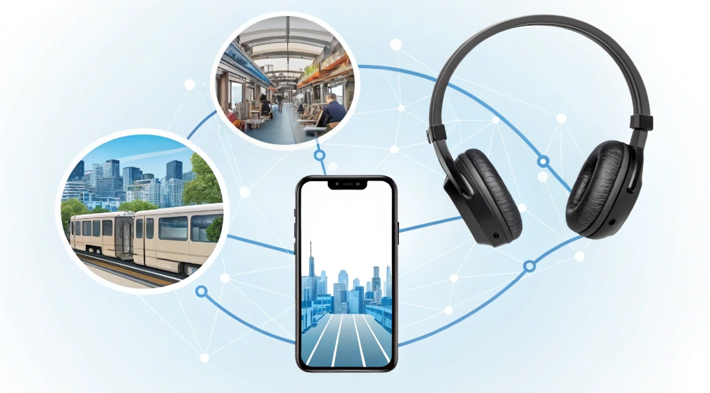 JBL Endurance Peak 3 Bluetooth connection shown with a phone, headphones, public transit, gym, and city scenes, explaining stable real-world wireless use for calls and workouts.

