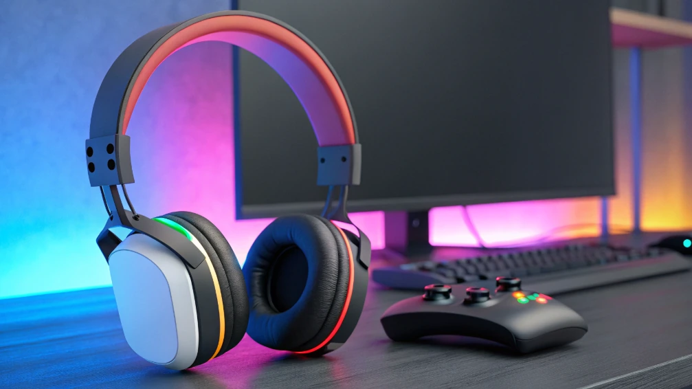 Sony INZONE E9 gaming setup with headphones, controller, and RGB-lit desk, showing a plug-and-play IEM choice tuned for footsteps, directional cues, PC, PS5, and USB-C devices.
