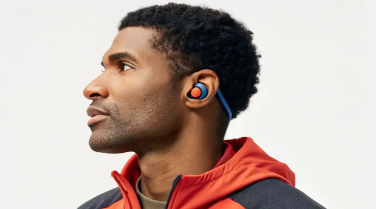JBL Endurance Peak 3 sport earbud worn during active use, introducing a review focused on secure fit, IP68 water resistance, 50-hour battery life, and workout performance.