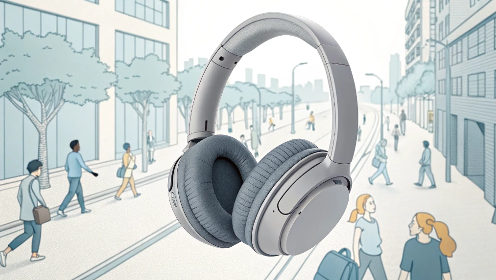 JBL Tune 720BT headphones shown over a busy street scene, illustrating call quality in real-world use where the built-in microphone works better in quiet rooms than noisy outdoor areas.