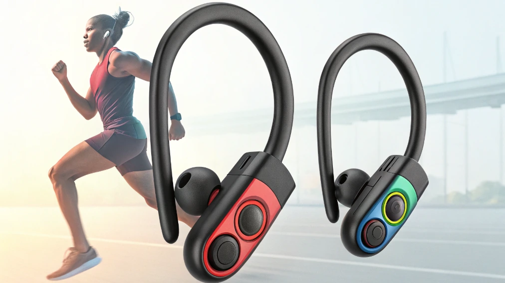 JBL Endurance Peak 3 earbuds with Powerhook design shown beside a runner, supporting a practical verdict on secure fit, IP68 protection, workout use, and long battery life.
