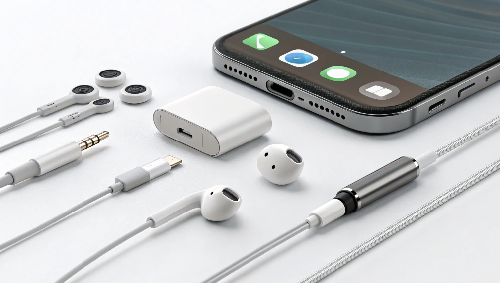 USB-C and wired earphones beside an iPhone, supporting a practical verdict on the best wired headphones for iPhone 17 by comparing budget calls, music quality, built-in DACs, and adapter needs.
