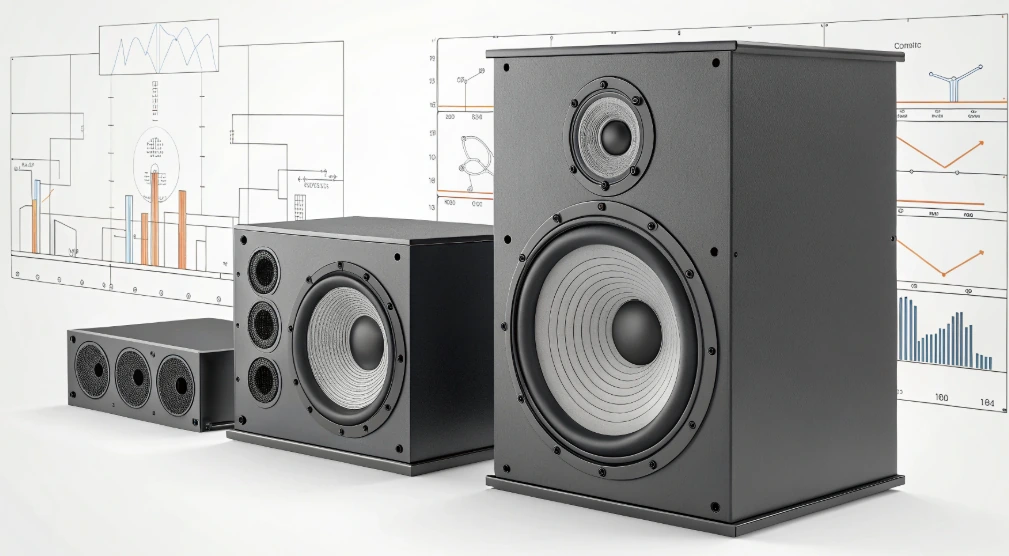 Subwoofer speakers shown in front of measurement charts, illustrating why subwoofer specs like Xmax can be easy to misread when buyers compare bass output and performance.
