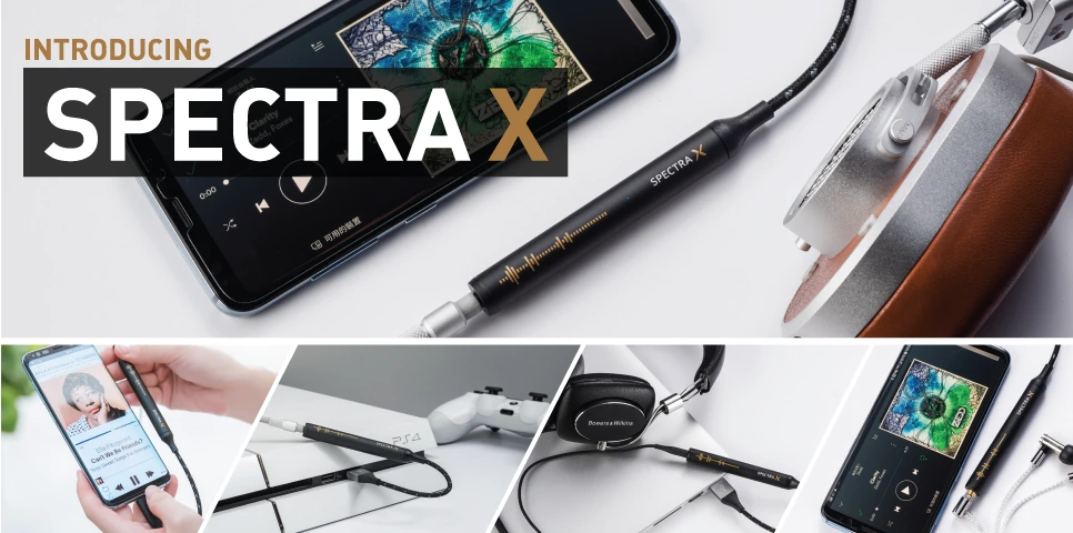 NextDrive Spectra X portable DAC connected to headphones and a mobile device