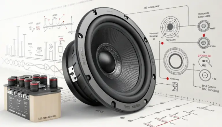 Subwoofer driver shown with technical measurement diagrams and a testing device, illustrating how Klippel tests compare advertised subwoofer specs with real lab results.